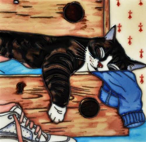 B-352 8 X 8 In. Full Drawer Sleepy Cat, Decorative Ceramic Art Tile
