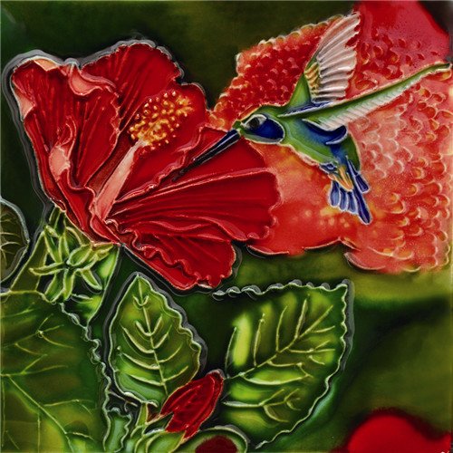 H-09 6 X 6 In. Hibiscus Hummmingbird Dance, Decorative Ceramic Art Tile