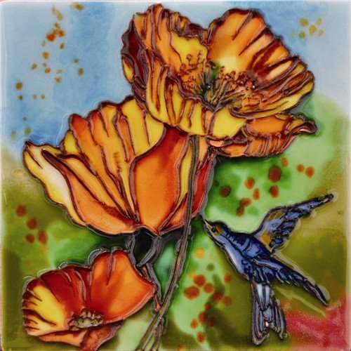 H-10 6 X 6 In. Poppies Hummingbird Dance, Decorative Ceramic Art Tile