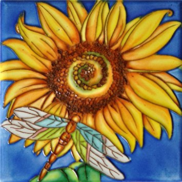 H-15 6 X 6 In. Sunflower & Dargonfly, Decorative Ceramic Art Tile