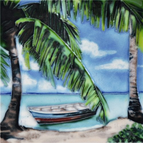 H-17 6 X 6 In. Boat By Palm Tree, Decorative Ceramic Art Tile