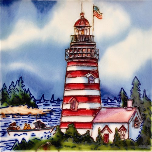 H-23 6 X 6 In. Lighthouse - Usa Flag, Decorative Ceramic Art Tile