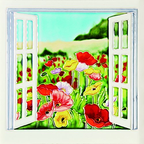 B-433 8 X 8 In. Multicolor Poppies Flower Open Window, Decorative Ceramic Art Tile