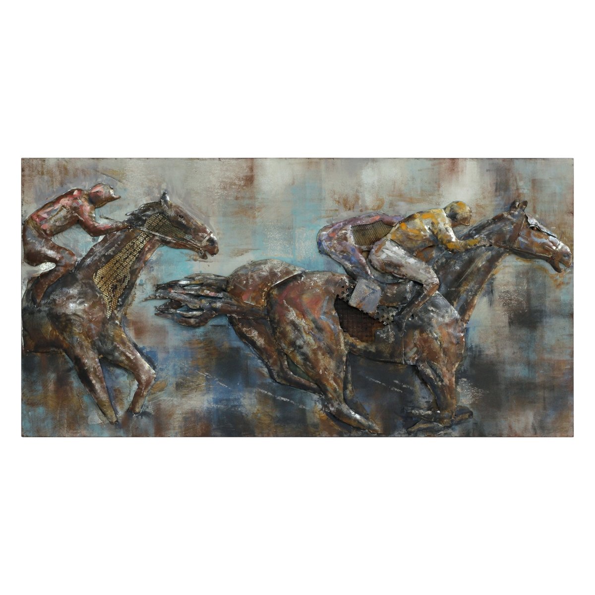 Pmo-120123-6030 Primo Mixed Media Hand Painted Iron Wall Sculpture - Race Day