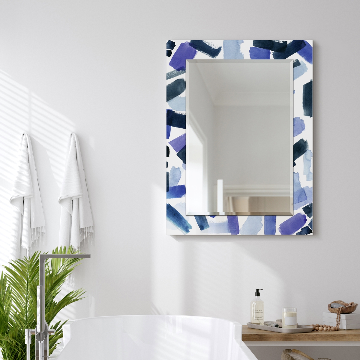 Picture of Empire Art Direct TAM-120860-4030 &apos;Cerulean Strokes&apos;Rectangular Beveled Mirror on Free Floating Printed Tempered Art Glass