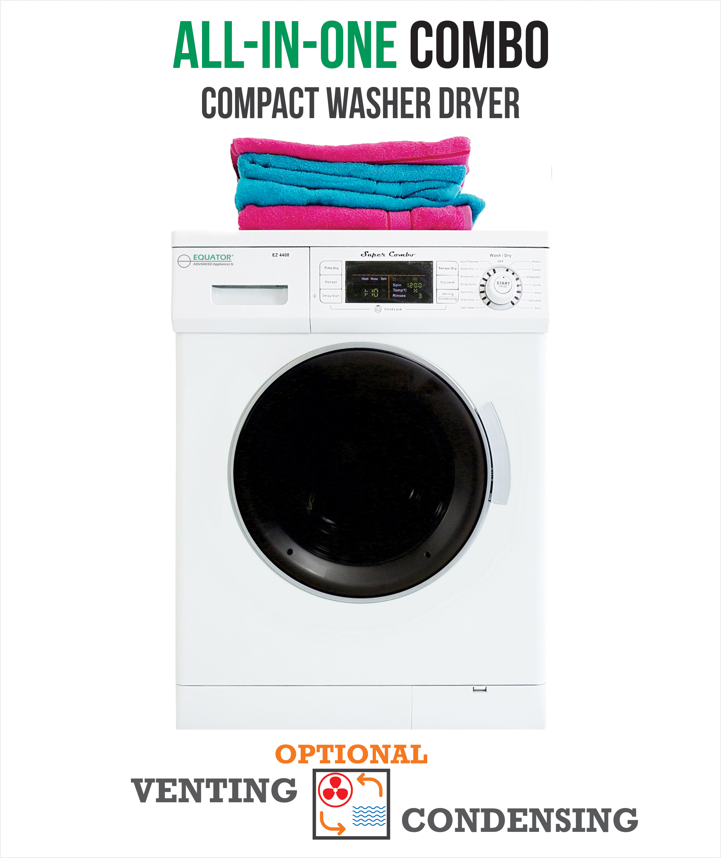 All-in-one 13 Lb. 1200 Rpm Compact Combo Washer Dryer With Optional Condensing/ Venting Sensor Dry Auto Water Level