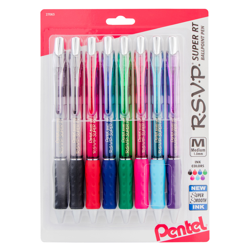 Of America Penbx480bp8mbn Rsvp Super Rt Retractable Ballpoint Pen, Assorted Color - 8 Per Pack - Pack Of 2