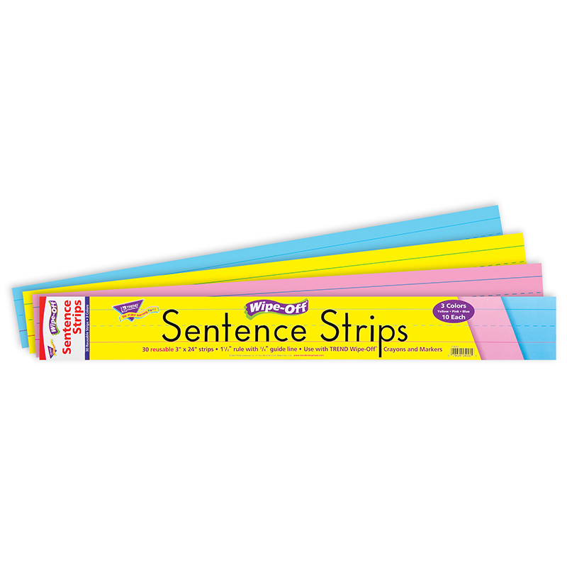 T-4002-3 24 In. Wipe-off Sentence Strips, Multicolor - 30 Per Pack - Pack Of 3