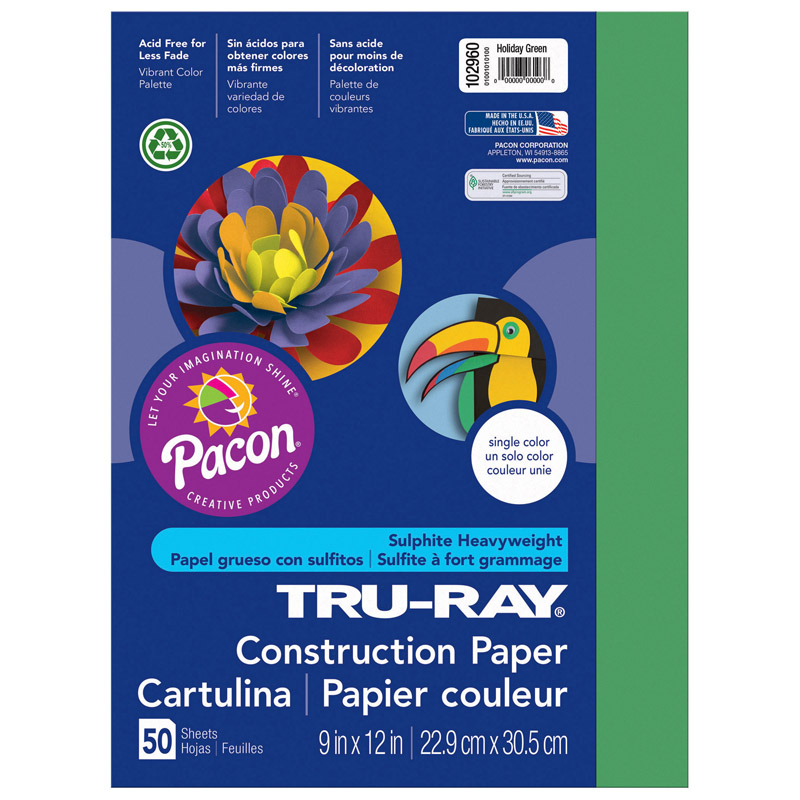Pacon Pac102960-5 9 X 12 In. Tru Ray Holiday Green Construction Paper - 50 Sheets Per Pack - Pack Of 5