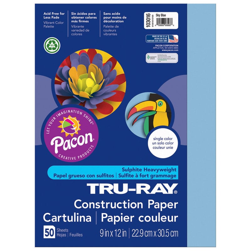 Pacon Pac103016-10 9 X 12 In. Tru Ray Sky Blue Construction Paper - 50 Sheets Per Pack - Pack Of 10