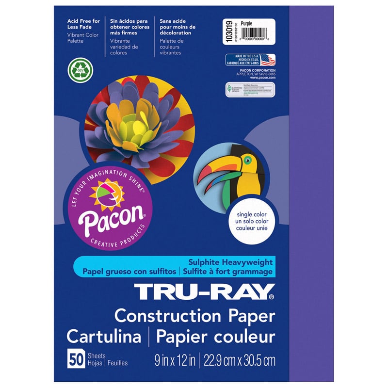 Pacon Pac103019-5 9 X 12 In. Tru Ray Purple Construction Paper - 50 Sheets Per Pack - Pack Of 5
