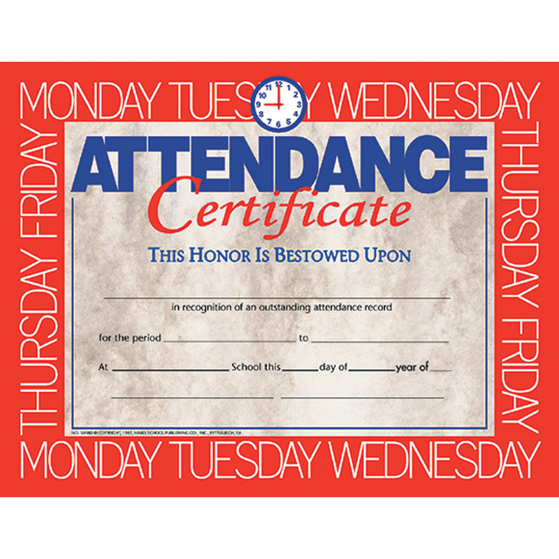 H-va580-3 Hayes Certificates Attendance, 8.5 X 11 In. - 30 Per Pack - Pack Of 3