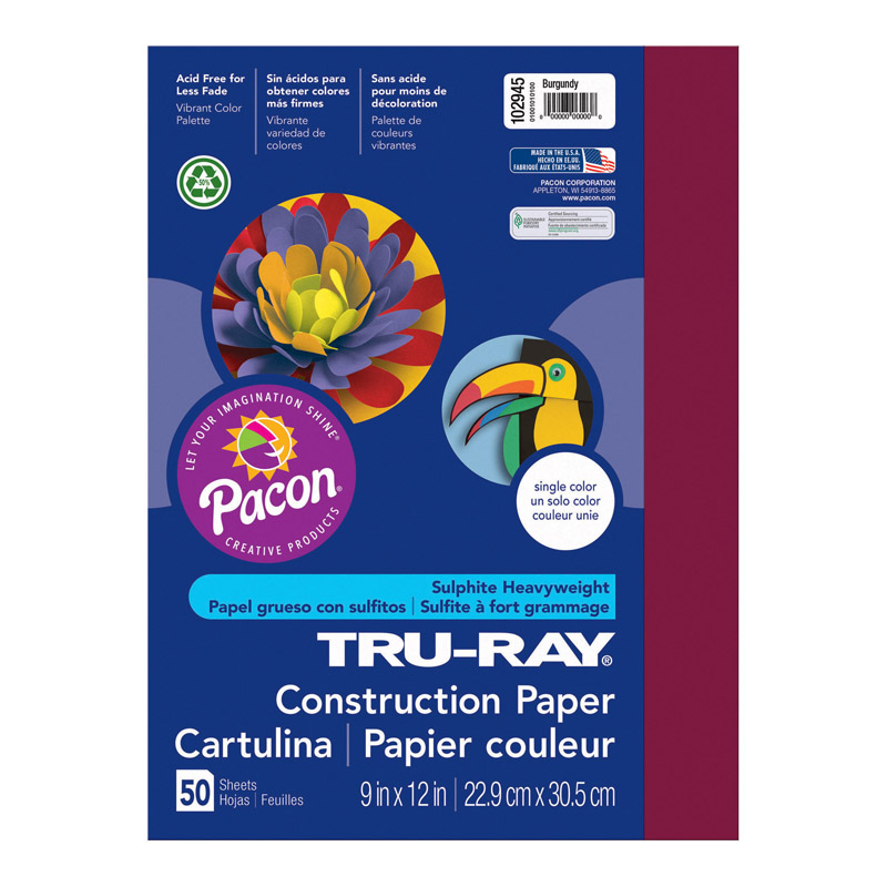 Pacon Pac102945-5 9 X 12 In. Tru Ray Burgundy Construction Paper - 50 Sheets Per Pack - Pack Of 5