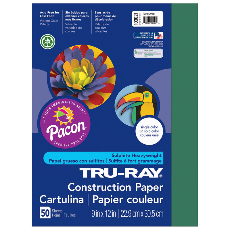 Pacon Pac103021-5 9 X 12 In. Tru Ray Dark Green Construction Paper - 50 Sheets Per Pack - Pack Of 5