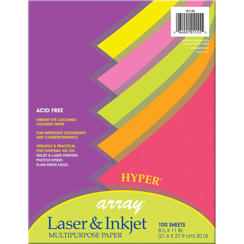 Pacon Pac101155-3 20 Lbs Array Multipurpose Hyper Colors Paper - 100 Sheets Per Pack - Pack Of 3