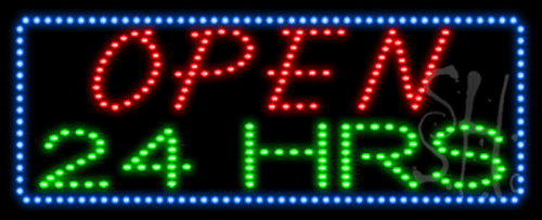 Blue Border Red & Green Open 24 Hrs Animated Led Sign, 13 X 32 X 1 In.