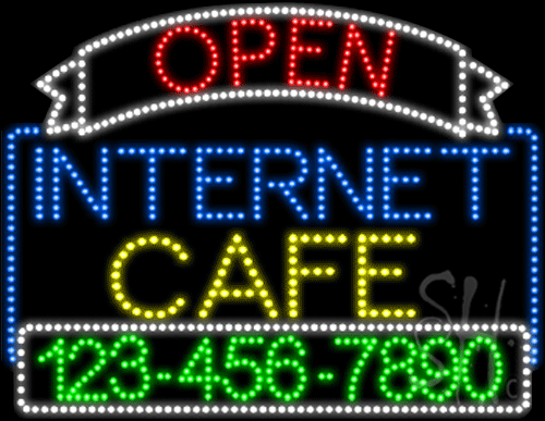Internet Cafe Open With Phone Number Animated Led Sign, Multicolor - 24 X 35 X 1 In.