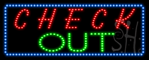 Blue Border Red & Green Check Out Animated Led Sign - 13 X 32 X 1 In.