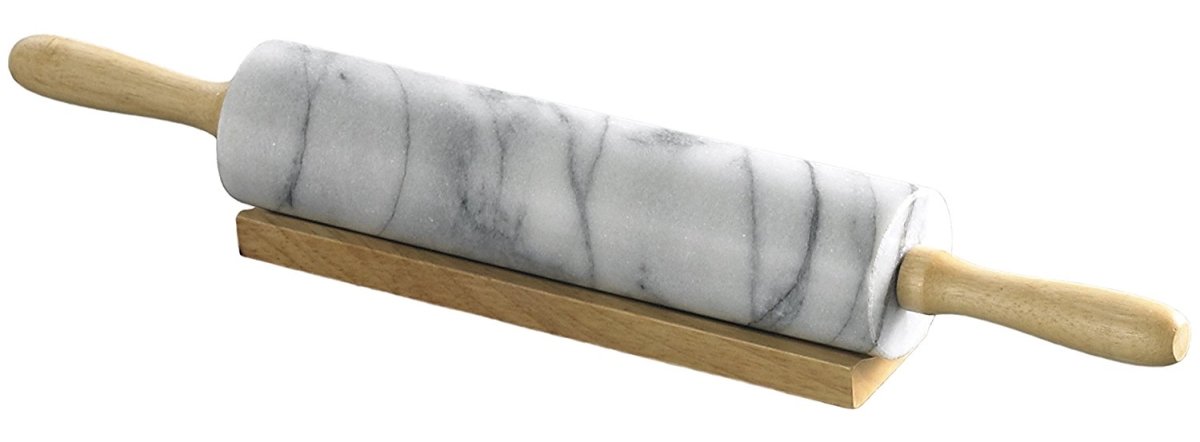 74000r 18 In. White Marble Rolling Pin With Wood Cradle