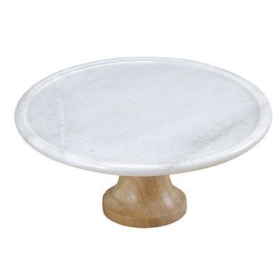 74802 12 In. Taj Elite Creamy White Marble With Mango Wood Footed Cake Stand, White