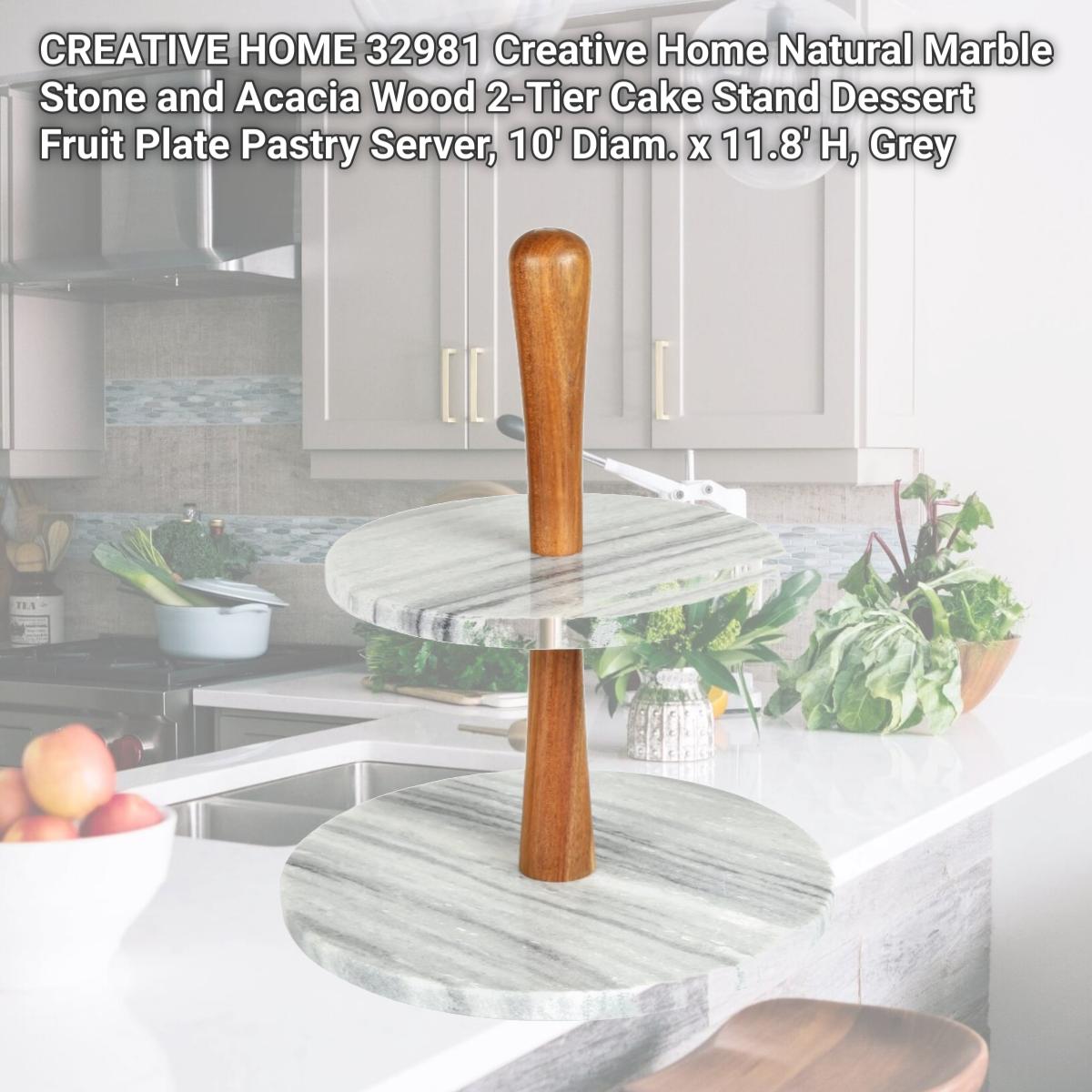 Picture of CREATIVE HOME 32981 Creative Home Natural Marble Stone and Acacia Wood 2-Tier Cake Stand Dessert Fruit Plate Pastry Server, 10' Diam. x 11.8' H, Grey