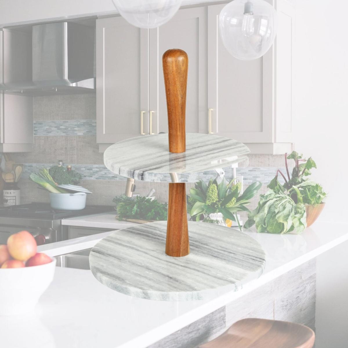 Picture of CREATIVE HOME 32981 Creative Home Natural Marble Stone and Acacia Wood 2-Tier Cake Stand Dessert Fruit Plate Pastry Server, 10' Diam. x 11.8' H, Grey