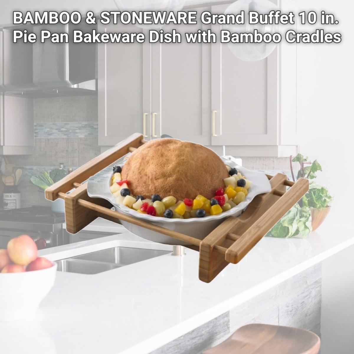 Picture of EVCO International 73457 BAMBOO & STONEWARE Grand Buffet 10 in. Pie Pan Bakeware Dish with Bamboo Cradles