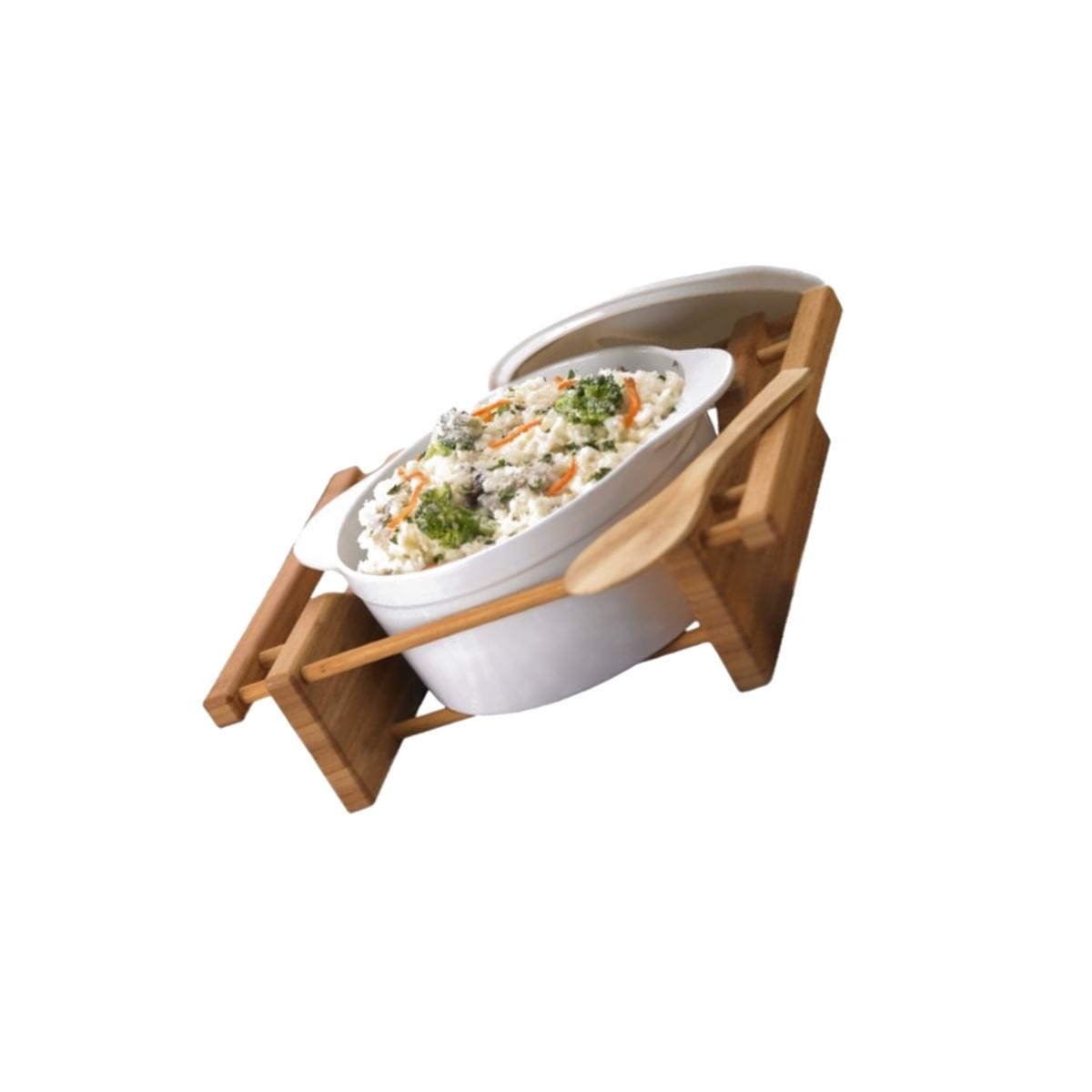 Picture of EVCO International 73459 BAMBOO & STONEWARE Grand Buffet 2.5 Qt Covered Casserole Bakeware Dish with Bamboo Cradles