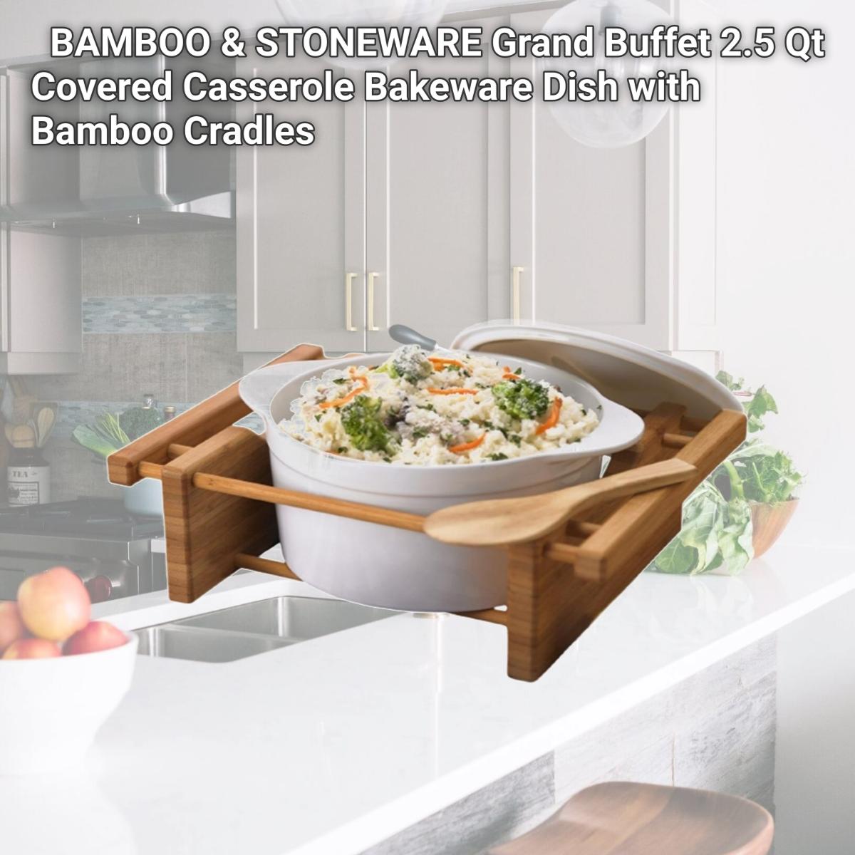 Picture of EVCO International 73459 BAMBOO & STONEWARE Grand Buffet 2.5 Qt Covered Casserole Bakeware Dish with Bamboo Cradles