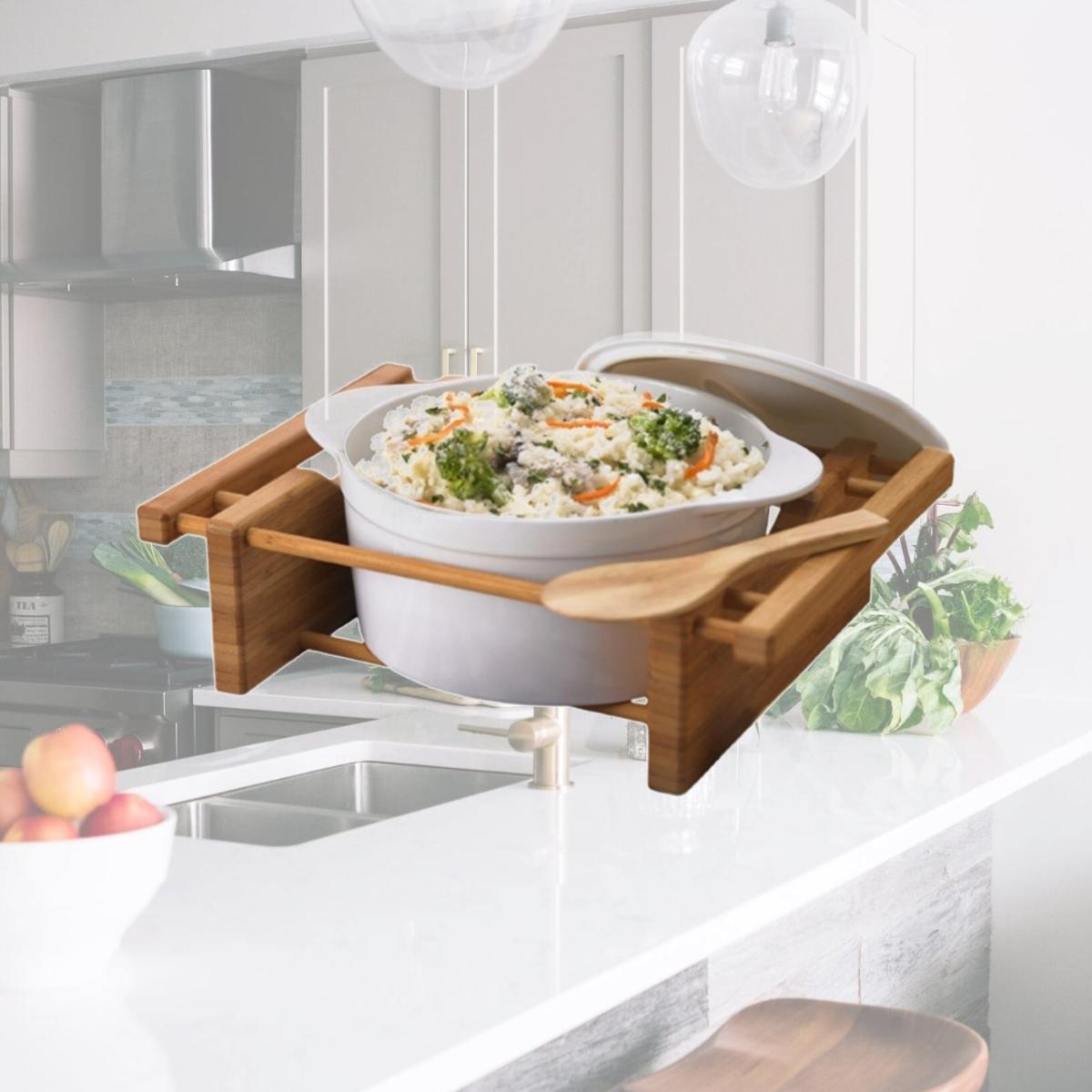 Picture of EVCO International 73459 BAMBOO & STONEWARE Grand Buffet 2.5 Qt Covered Casserole Bakeware Dish with Bamboo Cradles
