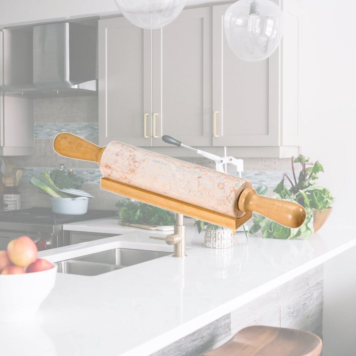 Picture of EVCO International 74222 Champagne Marble Deluxe Rolling Pin with Wood Cradle  Champagne