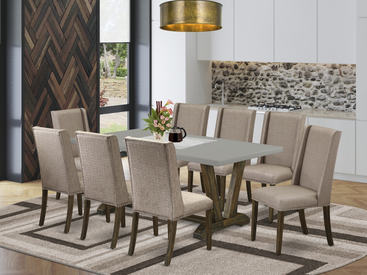 V797FL716-9 9 Piece V-Style Rectangular Dining Table Set - Dark Khaki