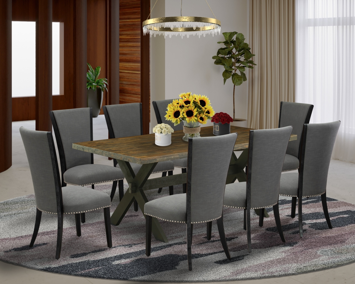X677VE650-9 9 Piece X-Style Kitchen Table Set - Wirebrushed Black, Distressed Jacobean & Dark Gotham Gray