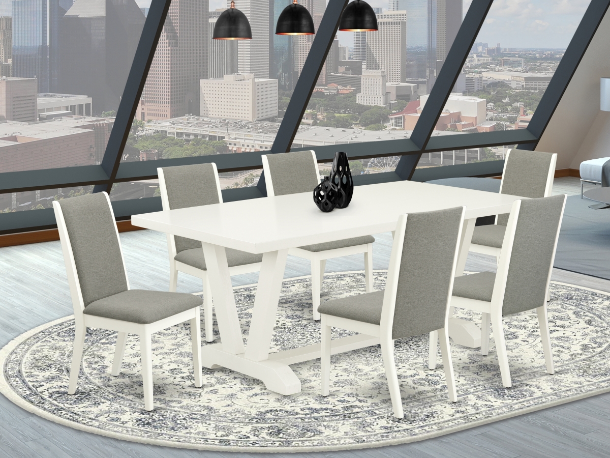 7 Piece V-Style Fashionable Rectangular Dining Room Table Set - Shitake & Linen White