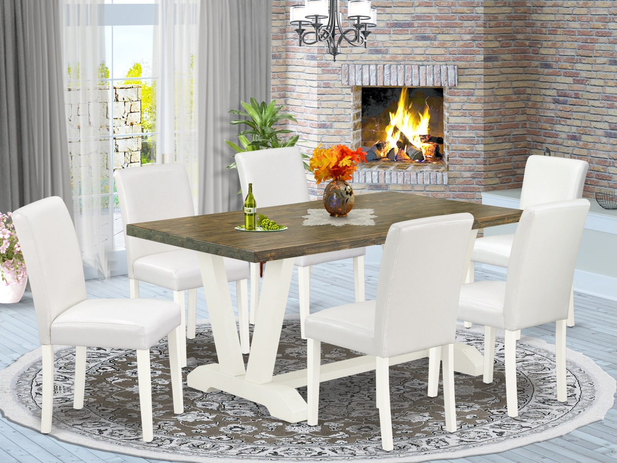 V076AB264-7 7 Piece V-Style Modern Rectangular Dining Room Table Set - White, Distressed Jacobean & Linen White