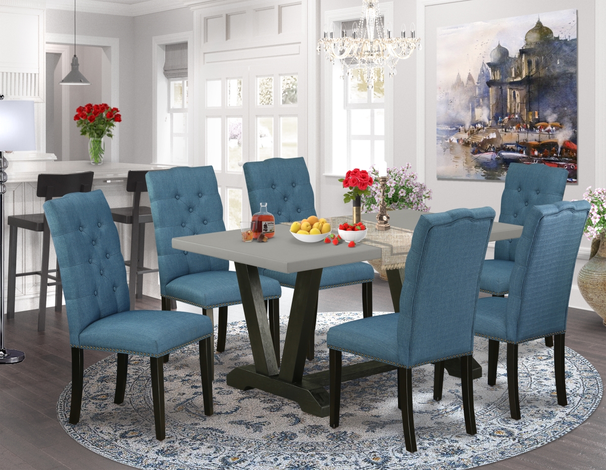 V696EL121-7 7 Piece V-Style Beautiful Rectangular Dining Room Table Set - Mineral Blue, Cement & Wire Brushed Black