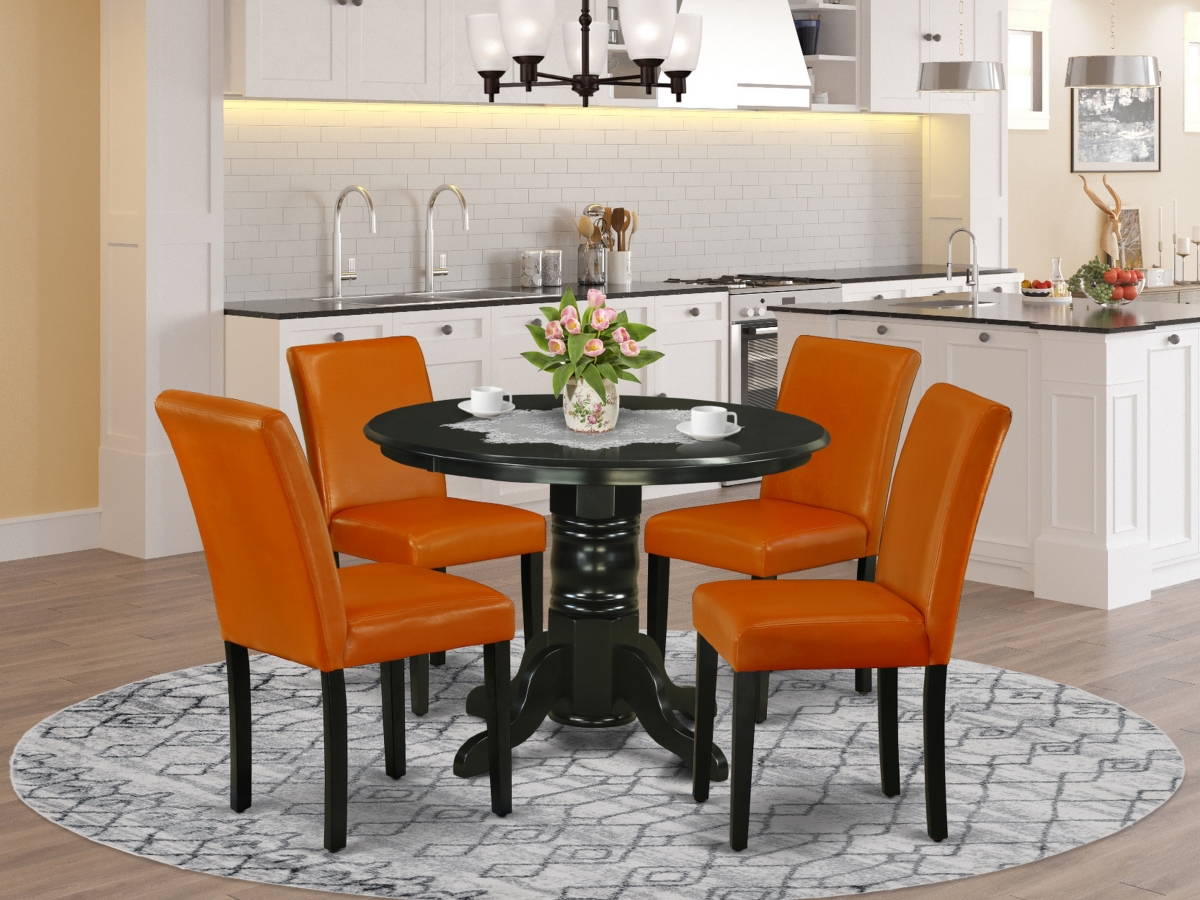 42 in. Shelton Round Dining Table & Four Parson Chair with Black Leg & Pu Leather - Baked Bean, 5 Piece