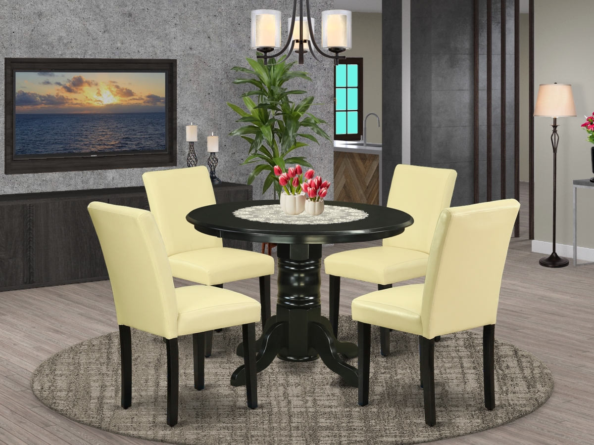 42 in. Shelton Round Dining Table & Four Parson Chair with Black Leg & Pu Leather - Eggnog, 5 Piece