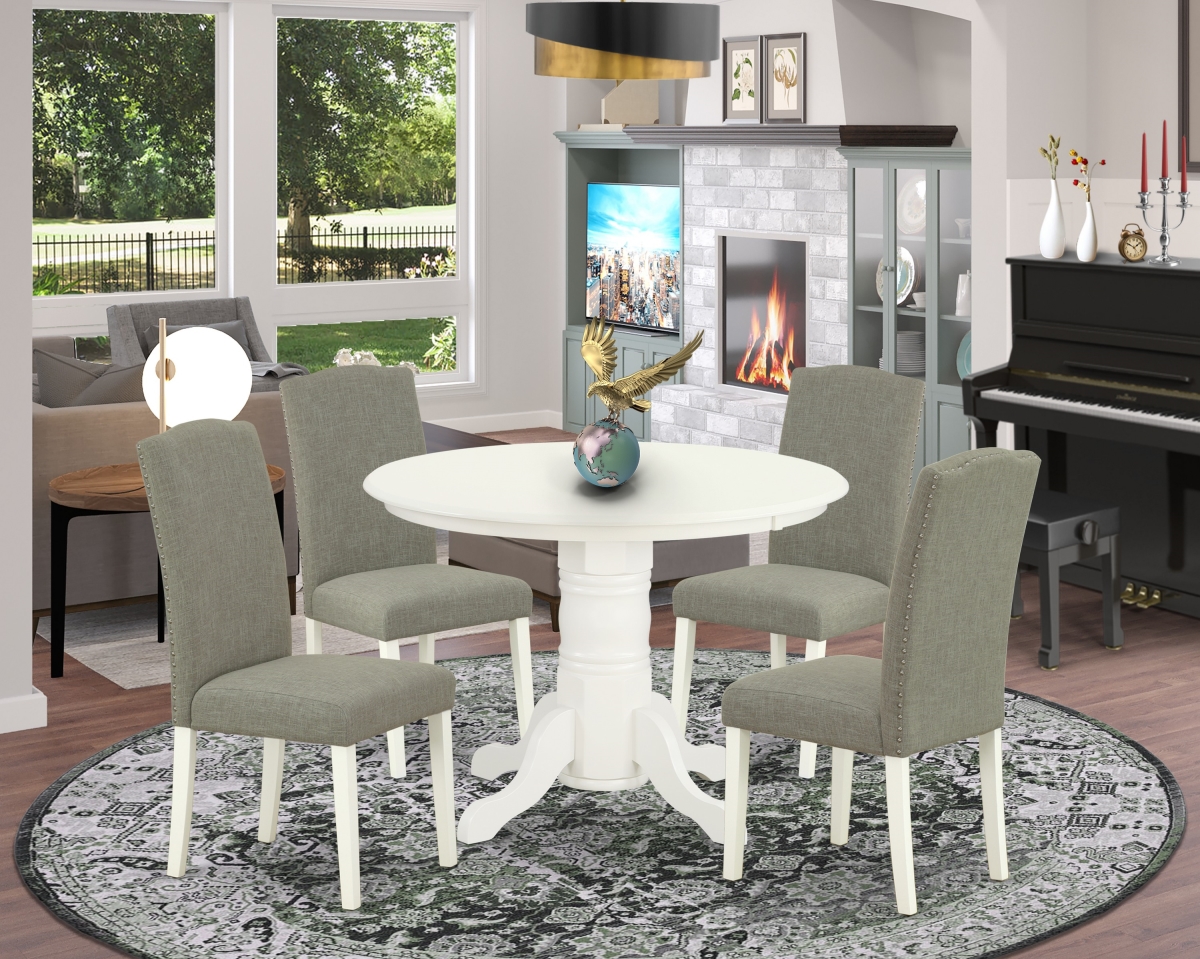 SHEN5-LWH-06 42 in. Shelton Round Dining Table & Four Parson Chair with Linen White Leg & Linen Fabric - Dark Shitake, 5 Piece