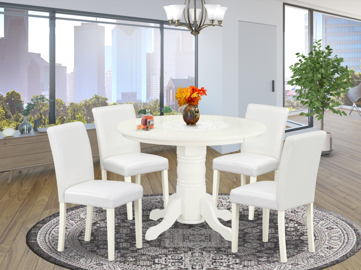 SHAB5-LWH-64 42 in. Shelton Round Dining Table & Four Parson Chair with Linen White Leg & Pu Leather - White, 5 Piece