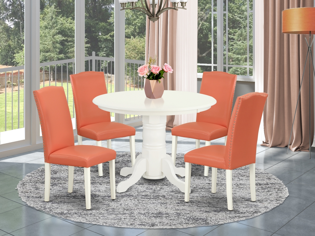 SHEN5-LWH-78 42 in. Shelton Round Dining Table & Four Parson Chair with Linen White Leg & Pu Leather - Pink Flamingo, 5 Piece