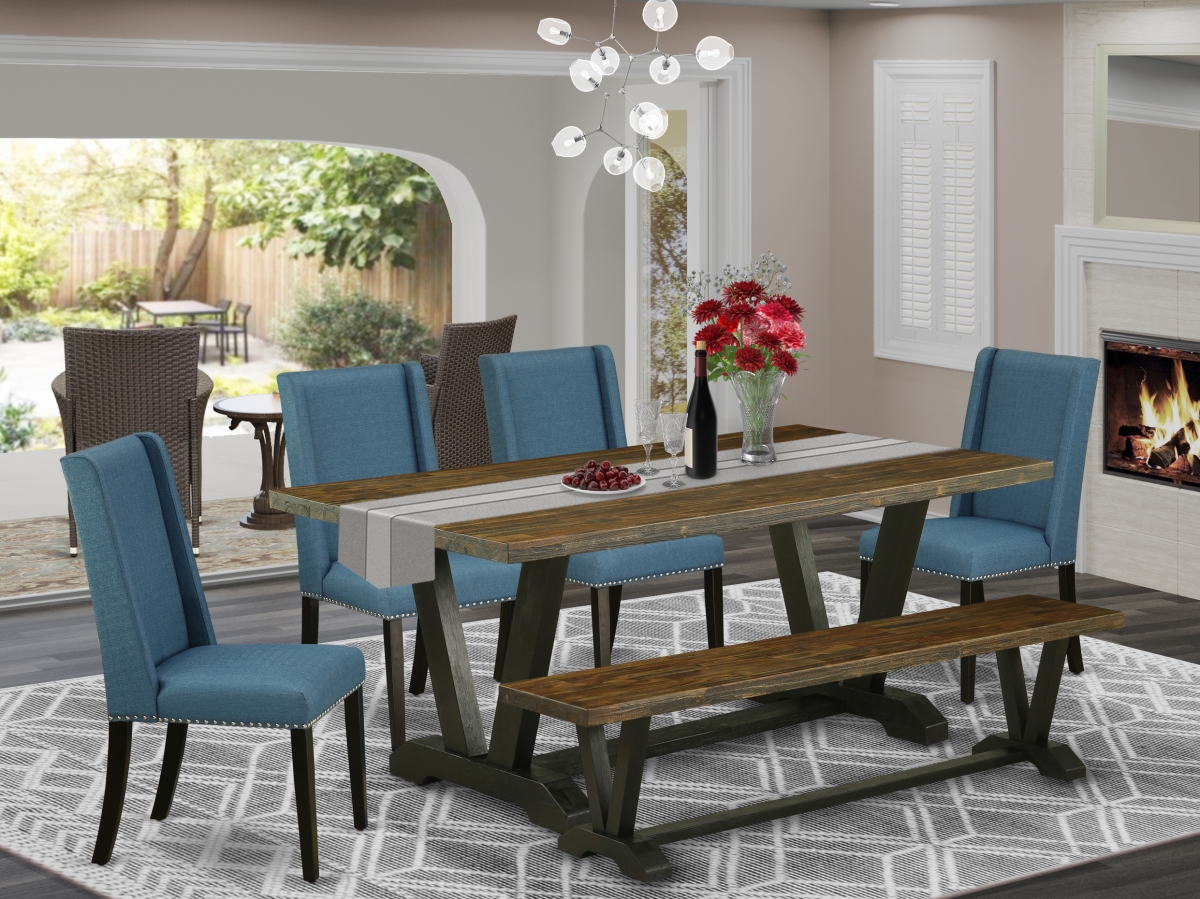 6 Piece V-Style Amazing Rectangular Dining Room Table Set - Wire Brushed Black