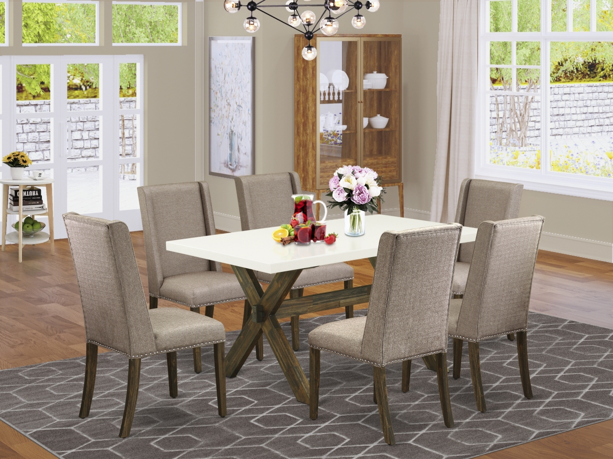 7 Piece X-Style Rectangular Dining Table Set - Dark Khaki