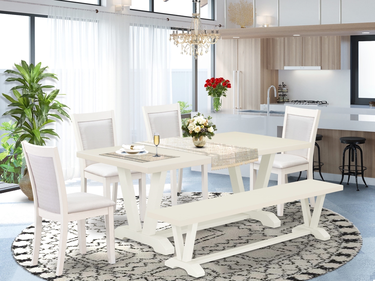 V027MZ001-6 Dining Room Set, Multi-Color - A Table 4 Cream Padded Chairs & a Dining Bench - 6 Piece