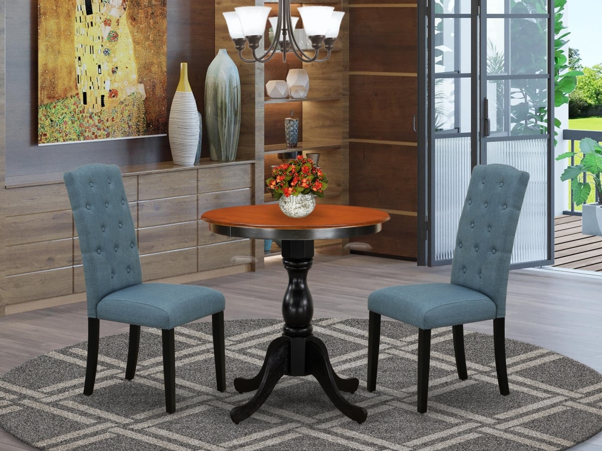 ESCE3-BCH-21 Dining Room Table Set with Mid Century Dining Table & 2 Mid Century Chairs with Button Tufted Back, Black & Cherry - 3 Piece