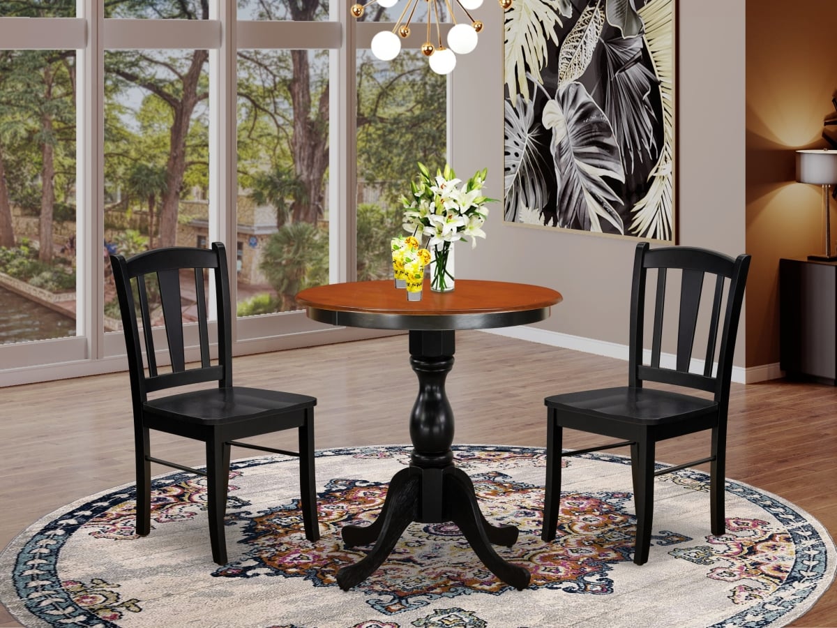 ESDL3-BCH-W Modern Dining Set with Dining Table & 2 Mid Century Chairs with Slatted Back, Black & Cherry - 3 Piece