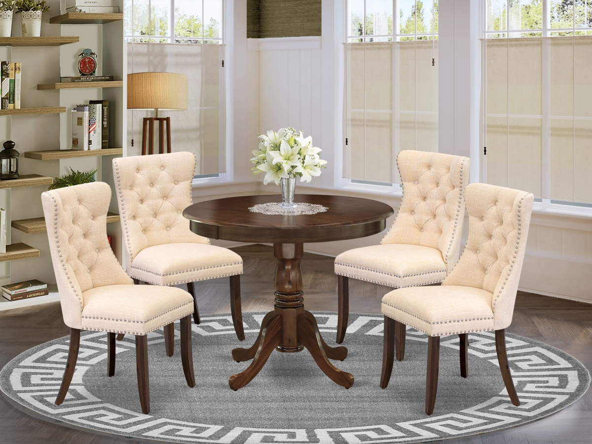 ANDA5-AWA-32 Dining Room Set, Antique Walnut - A Round Kitchen Table with Pedestal & 4 Padded Chairs - 5 Piece