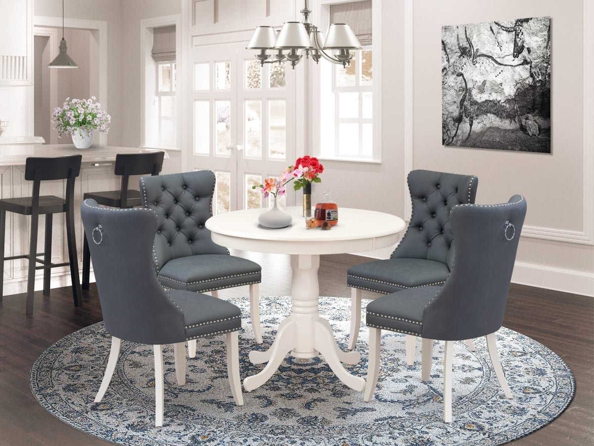 ANDA5-LWH-13 Dining Set with A Round Dining Table with Pedestal & 4 Upholstered Parson Chairs, Linen White - 5 Piece