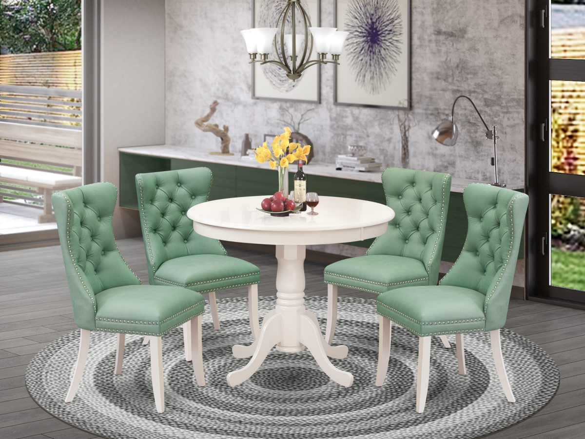 ANDA5-LWH-22 Dining Set Contains A Round Kitchen Table with Pedestal & 4 Upholstered Parson Chairs, Linen White - 5 Piece