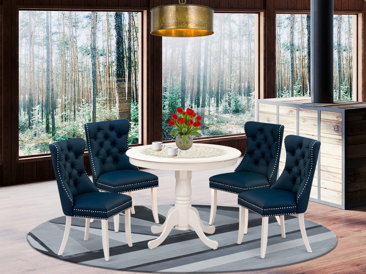 ANDA5-LWH-29 Dining Room Set with A Round Kitchen Table with Pedestal & 4 Upholstered Chairs, Linen White - 5 Piece